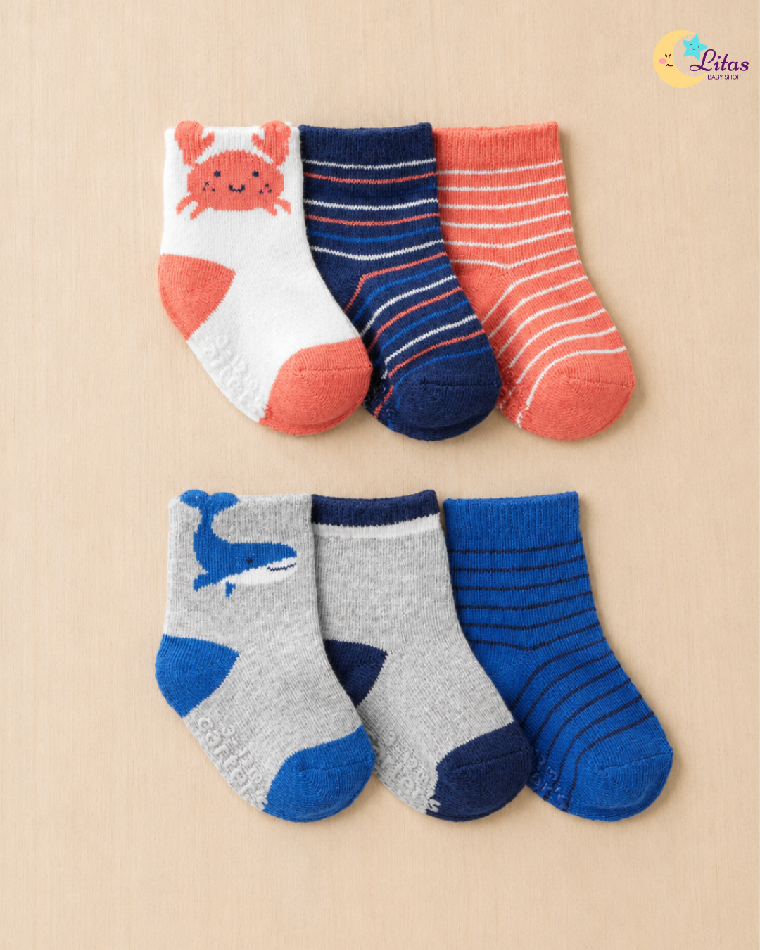 🦀 Carter's Baby Boy 6-Pack Socks – Crab & Whale