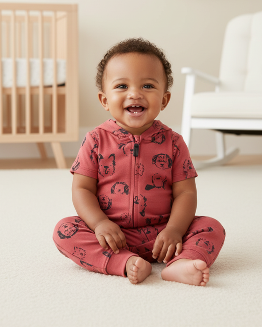 🐶 Carter’s Baby Boy Dog Friends Hooded Romper – Terracotta Red