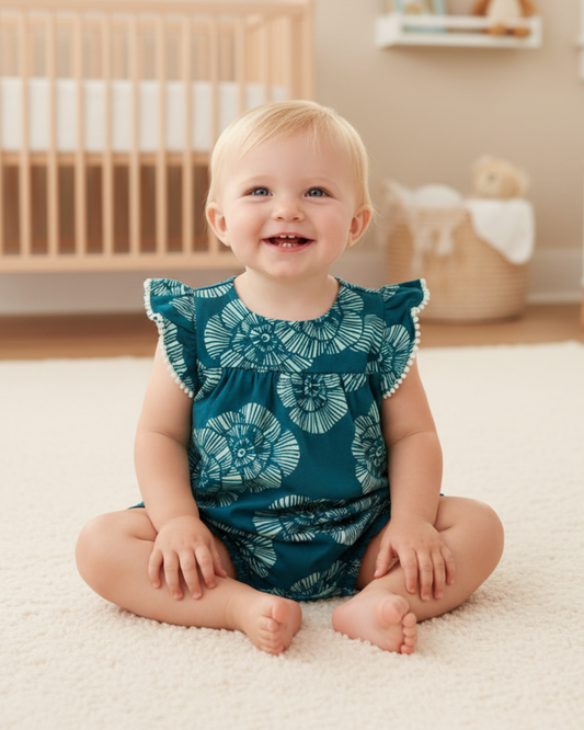 🌿 Carter’s Baby Girl Teal Bloom Romper – Mint Floral & Pom-Pom Style