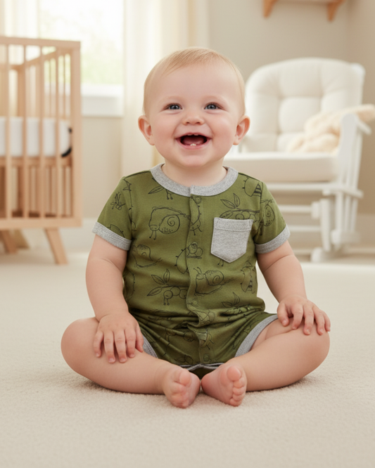🐌 Carter’s Baby Boy Garden Snail Romper – Olive Green & Grey