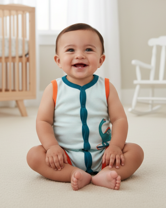 🦖 Carter’s Baby Boy Surfing Dinosaur Romper – Teal & Orange Summer Style