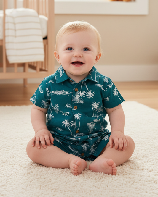 🌴 Carter’s Baby Boy Tropical Palm Tree Romper – Teal Summer Style