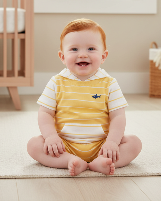 🦈 Carter’s Baby Boy Hooded Nautical Romper – Sunny Yellow Stripes