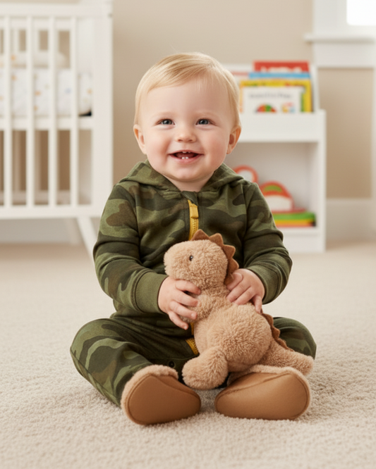 🦖 Carter’s Baby Boy Dino-Camo Hooded Jumpsuit – Adventure Green