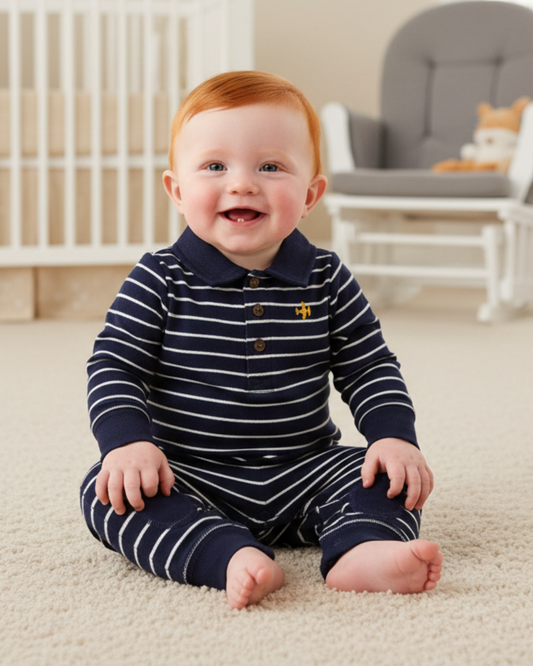 ✈️ Carter’s Baby Boy Nautical Polo Jumpsuit – Navy Blue & Airplane Style