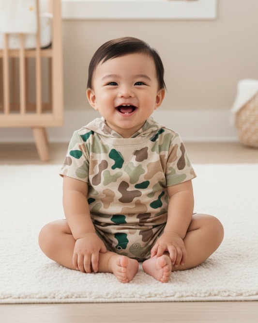 🌲 Carter’s Baby Boy Camo Hooded Romper – Adventure Earth Tones