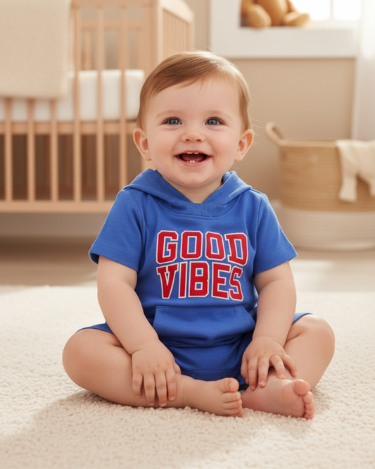 💙 Carter’s Baby Boy "Good Vibes" Hooded Romper – Royal Blue Style