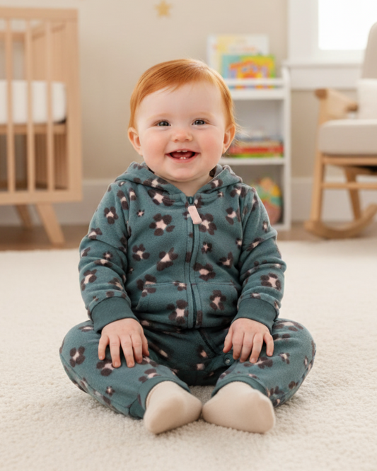 🐆 Carter's Baby Girl Floral Leopard Fleece Jumpsuit – Dusty Blue & Pink