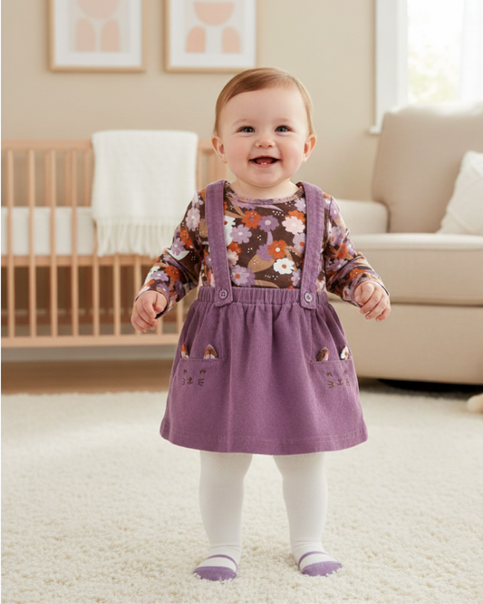 🐱 Carter’s Baby Girl 3-Piece Floral & Kitty Corduroy Dress Set – Purple Magic