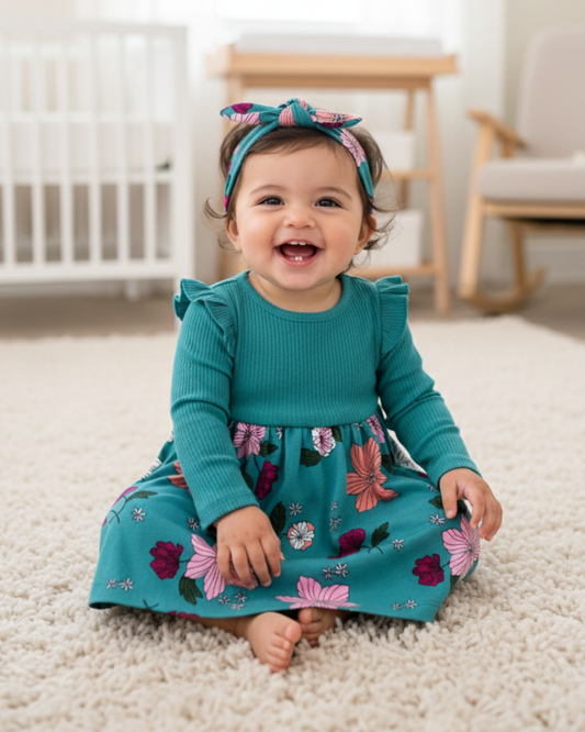 🌸 Carter’s Baby Girl 2-Piece Ribbed Floral Dress & Headband Set – Teal Garden