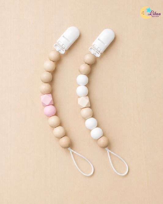 💗 2-Pack Silicone Beaded Pacifier Clips – Soft Pink & Warm Beige
