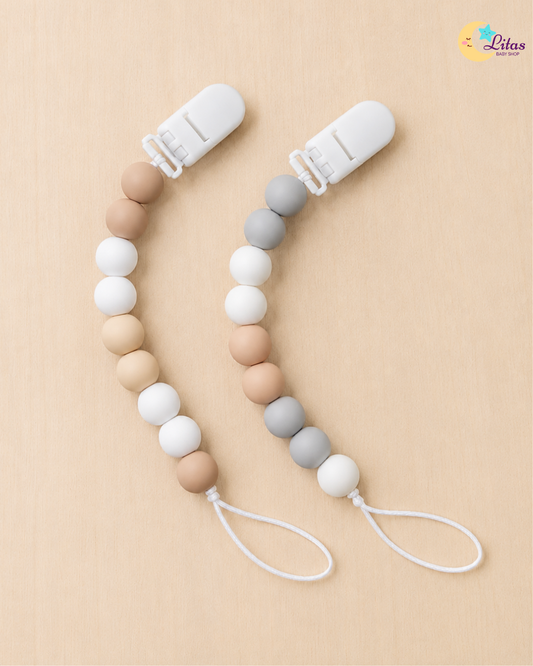 đ¤ 2-Pack Silicone Beaded Pacifier Clips â Warm Beige, Slate Gray & White
