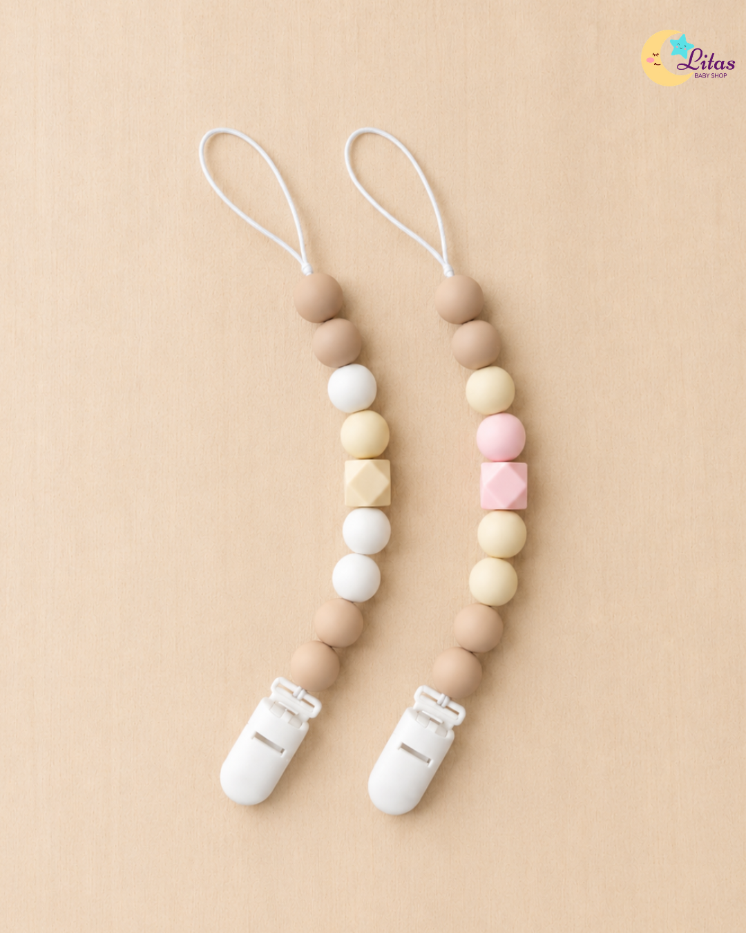 🩷2-Pack Silicone Beaded Pacifier Clips – Soft Pink, Beige & Sandy Cream