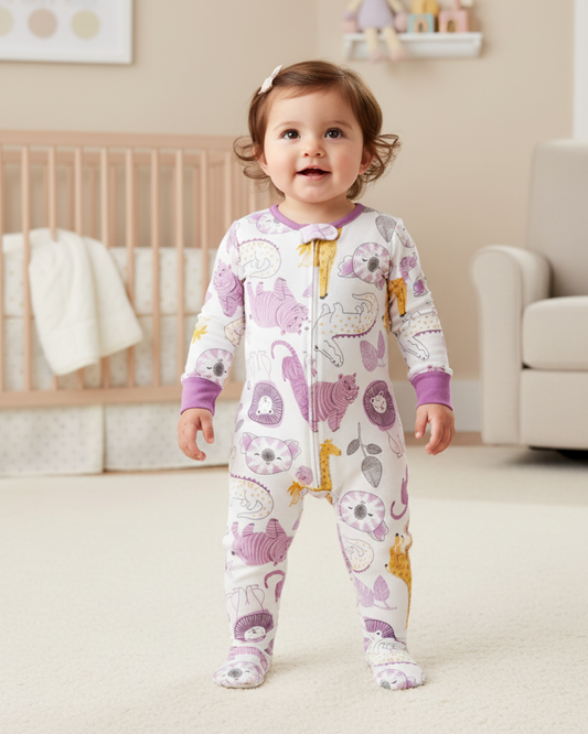 🐆 Carter’s Baby Girl Jungle Animals Cotton Sleep & Play – Purple & Yellow Prints