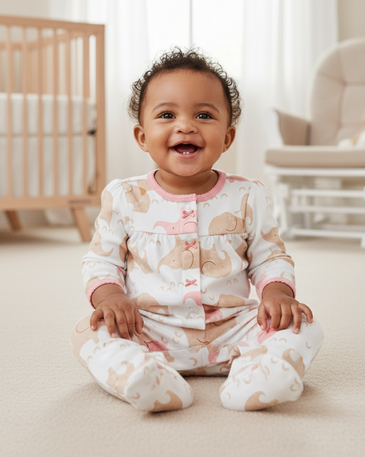 🐘 Carter’s Baby Girl Cream Elephant Cotton Sleep & Play – Soft Snap-Up