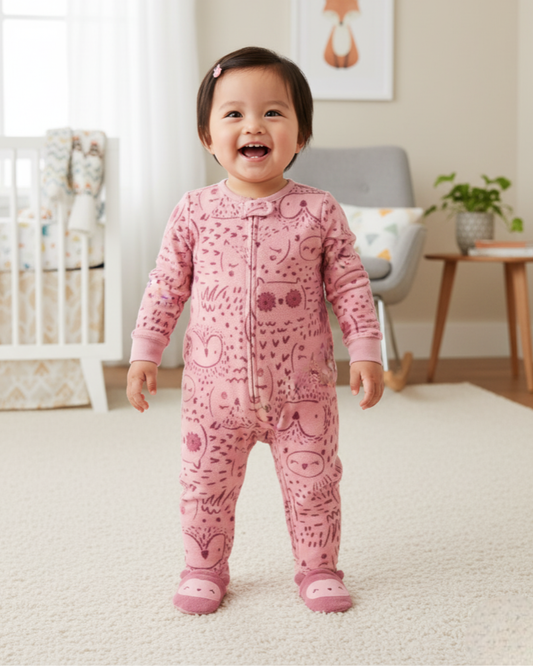 🦉 Carter’s Baby Girl Pink Owl Fleece Sleep & Play – Sweet Character Feet