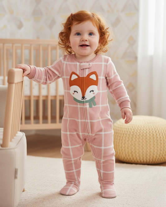 ๐ฆ Carterโs Baby Girl Pink Plaid Fox Fleece Sleep & Play โ Cozy & Cute