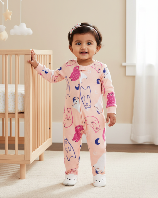 🐻 Carter’s Baby Girl Apricot Bear Fleece Sleep & Play – Character Toes
