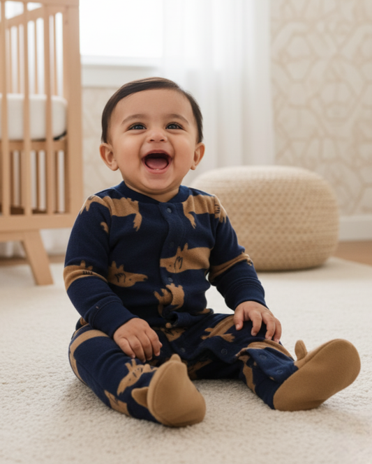 š¶ Carterās Baby Boy Navy Blue Puppy Fleece Sleep & Play ā Character Feet