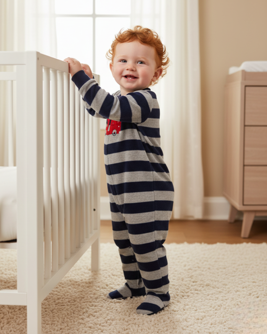š Carterās Baby Boy Fire Truck Fleece Sleep & Play ā Navy & Grey Stripes