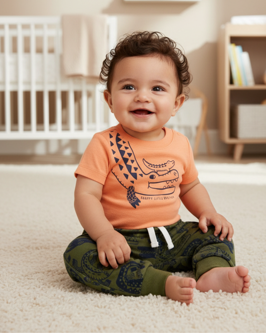 🐊 Carter’s Baby Boy 2-Piece "Snappy Little Brother" Set – Apricot & Olive