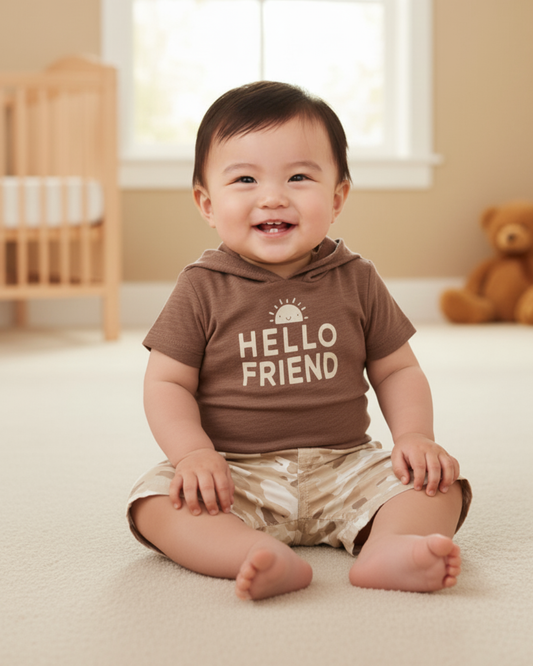 🟤 Carter’s Baby Boy 2-Piece "Hello Friend" Hooded Set – Mocha & Camo