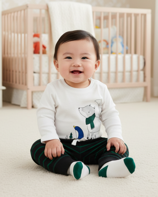 🦊 Carter’s Baby Boy 3-Piece "Scarf Fox" Set – Ivory & Green Stripes