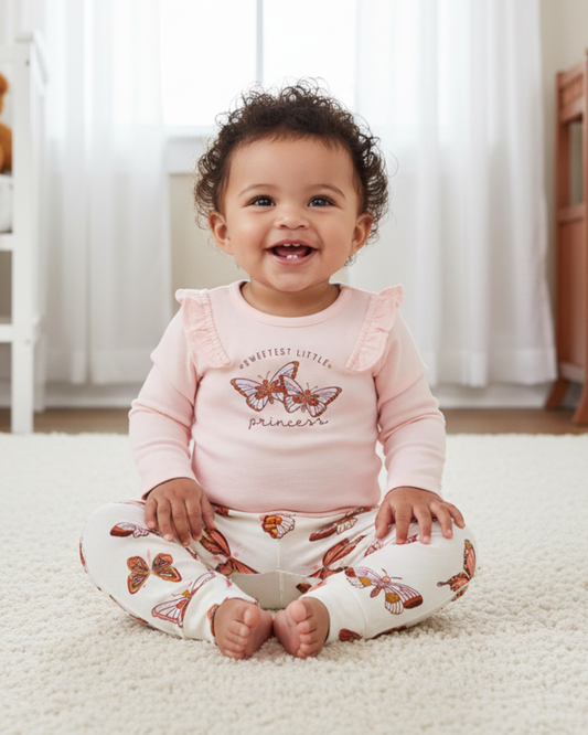 🦋 Carter’s Baby Girl 2-Piece "Little Princess" Set – Soft Pink & Monarch Floral