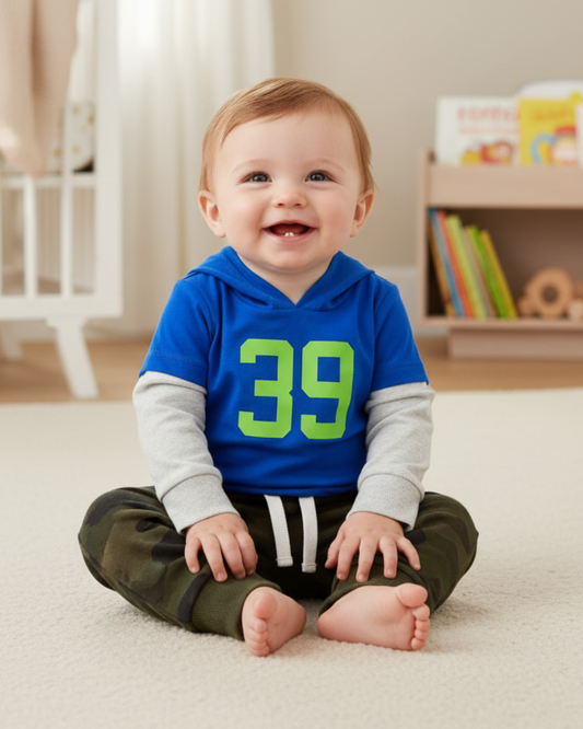 ⚽ Carter’s Baby Boy 2-Piece "Team 39" Hooded Set – Blue & Camo