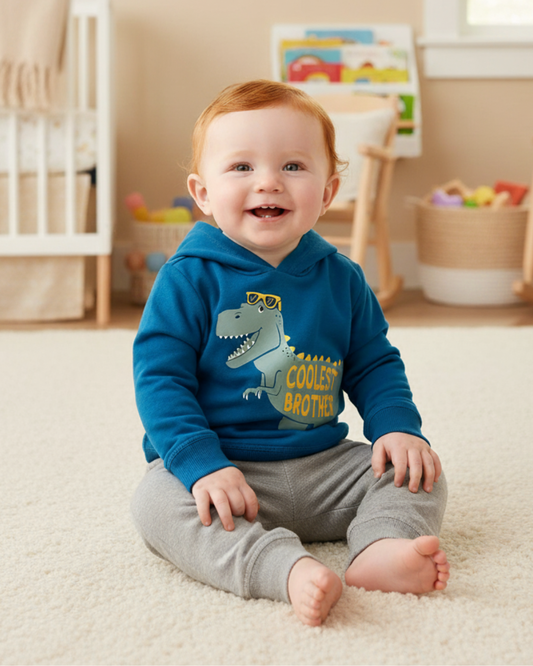 🦖 Carter’s Baby Boy 2-Piece "Coolest Brother" Hoodie Set – Teal & Heather Grey