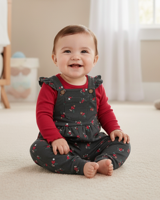 🍒 Carter’s Baby Girl 2-Piece "Berry Sweet" Overall Set – Charcoal & Crimson