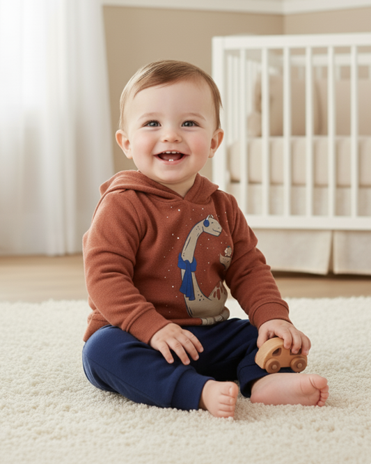 🦕 Carter’s Baby Boy 2-Piece "Winter Dino" Hoodie Set – Rust & Navy Blue