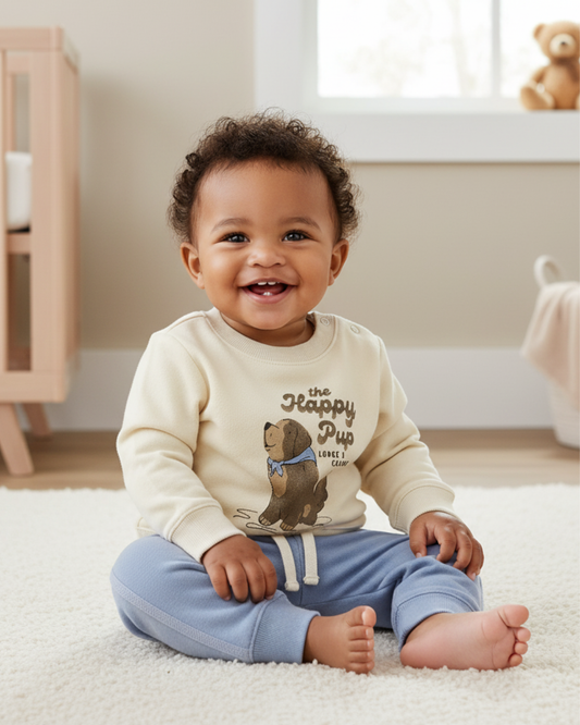 🐶 Carter’s Baby Boy 2-Piece "Happy Pup" Set – Sand & Dusty Blue