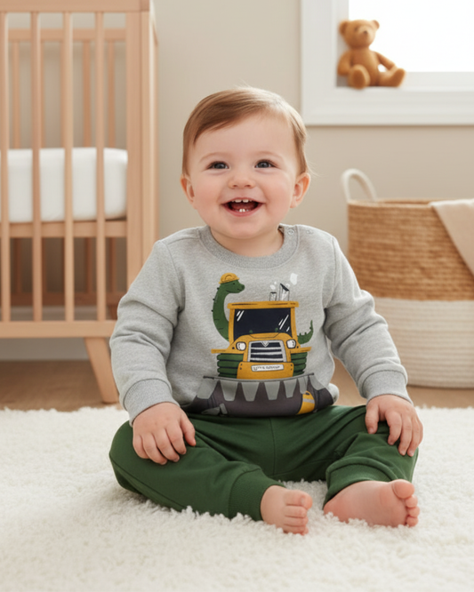 🦖 Carter’s Baby Boy 2-Piece "Dino Construction" Set – Heather Grey & Forest Green