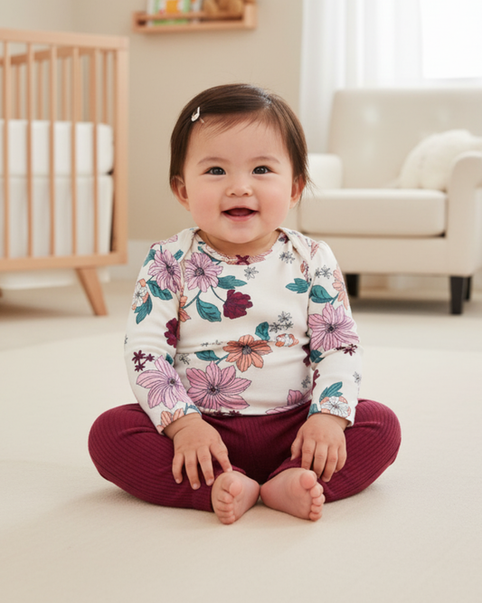 🌸 Carter’s Baby Girl 3-Piece "Blossom & Bow" Pointelle Set – Plum & Ivory