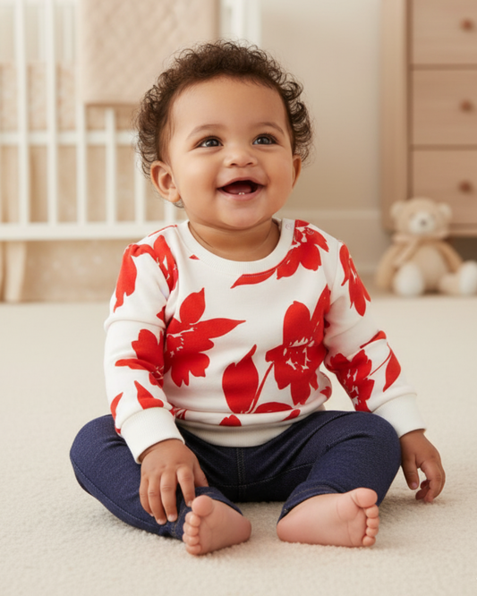 ❤️ Carter’s Baby Girl 3-Piece "Crimson Floral" Pullover Set – Ivory & Denim