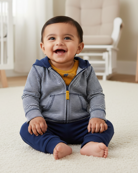 🐘 Carter’s Baby Boy 3-Piece "Elephant Adventure" Hoodie Set – Navy & Mustard