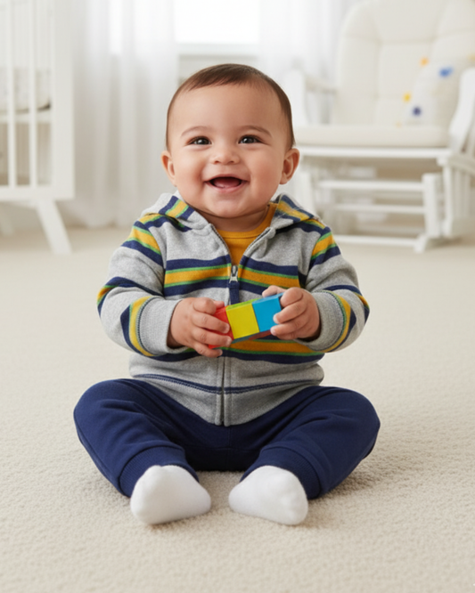 🌟 Carter’s Baby Boy 3-Piece "Good Vibes" Fleece Hoodie Set – Grey, Mustard & Navy