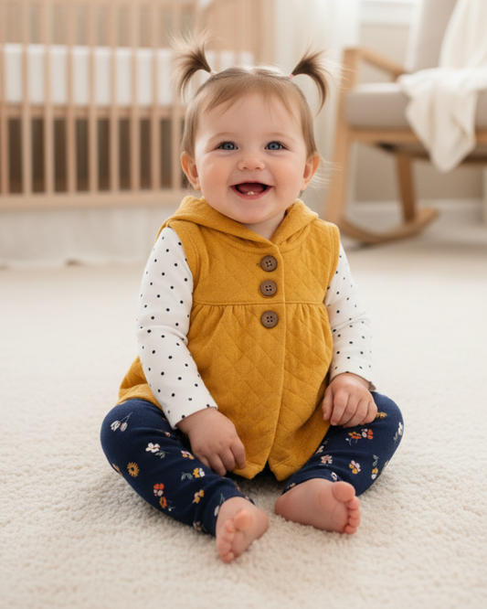 🌻 Carter’s Baby Girl 3-Piece "Golden Meadow" Quilted Vest Set – Mustard, White & Navy