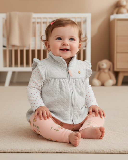 🌸 Carter’s Baby Girl 3-Piece "Garden Dot" Quilted Vest Set – Heather Grey & Peach