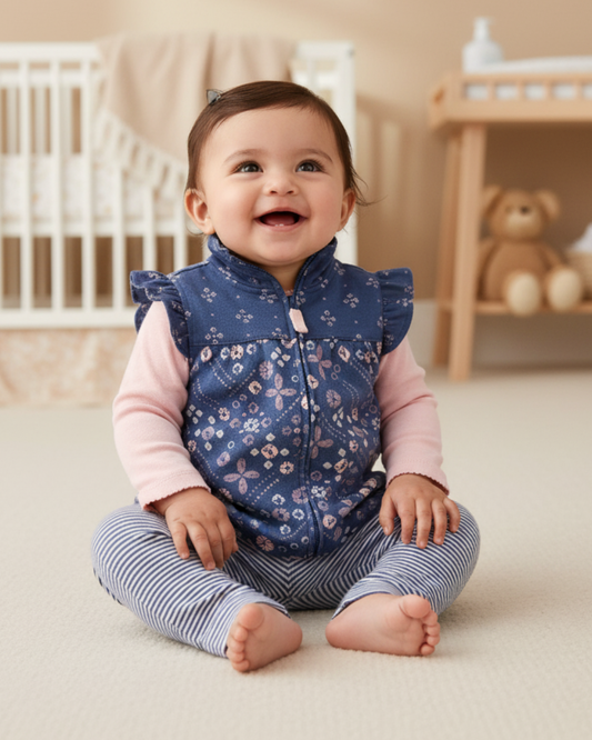 🌸 Carter’s Baby Girl 3-Piece "Indigo Floral" Vest Set – Navy & Soft Pink