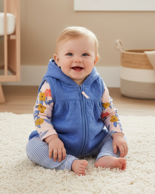 🌸 Carter’s Baby Girl 3-Piece "Floral & Stripe" Quilted Vest Set – Blue, Pink & Gold