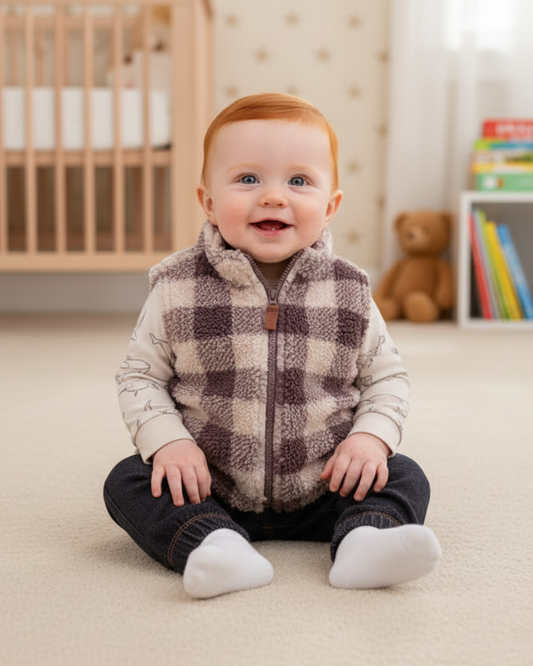 🐋 Carter’s Baby Boy 3-Piece "Arctic Explorer" Sherpa Vest Set – Taupe, Cream & Denim