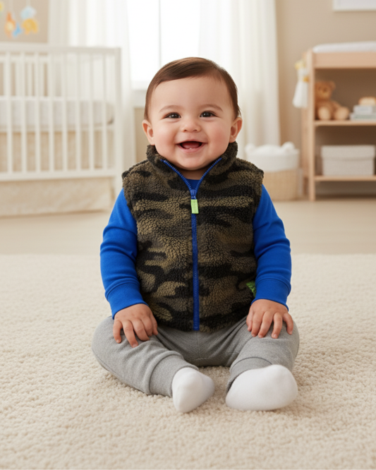 🌲 Carter’s Baby Boy 3-Piece "Little Adventurer" Sherpa Vest Set – Camo, Royal Blue & Grey