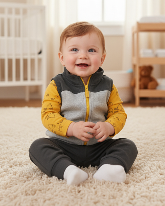 🚜 Carter’s Baby Boy 3-Piece "Construction Crew" Fleece Vest Set – Grey, Yellow & Charcoal
