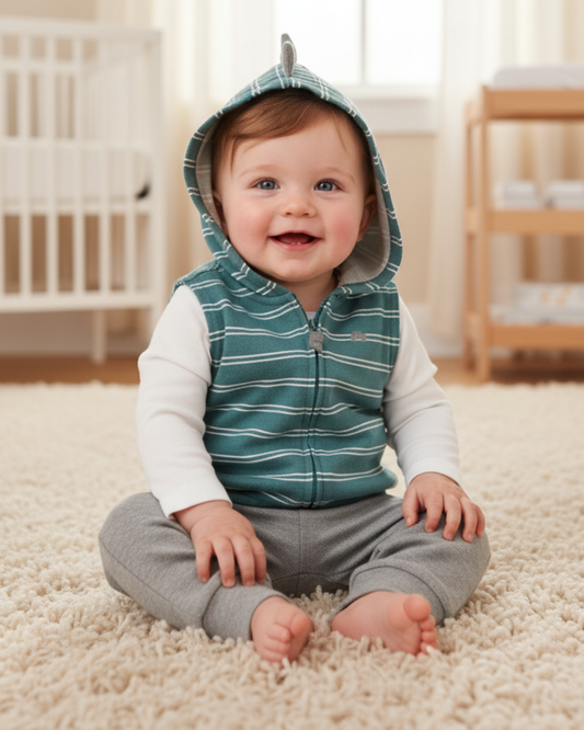 🦖 Carter’s Baby Boy 3-Piece "Dino Stripe" Hooded Vest Set – Teal, White & Grey