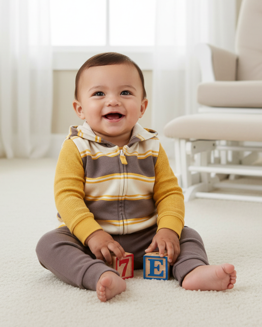 ☕ Carter’s Baby Boy 3-Piece "Coffee & Cream" Hooded Vest Set – Mustard & Brown