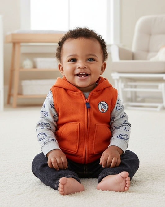 🏈 Carter’s Baby Boy 3-Piece "Game Day" Hooded Vest Set – Orange, Grey & Denim