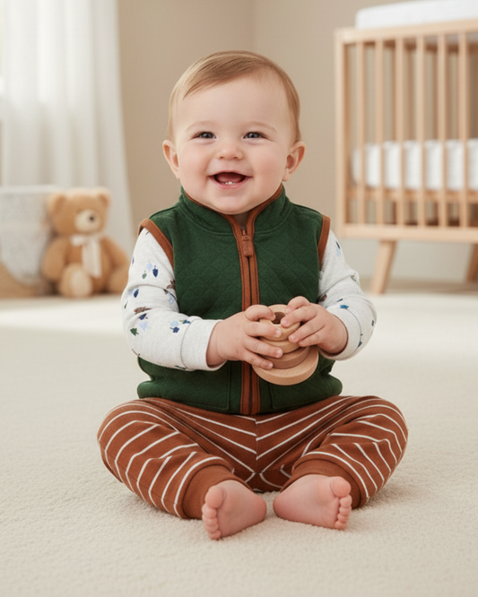 🚁 Carter’s Baby Boy 3-Piece "High-Flyer" Quilted Vest Set – Forest Green, Rust & Grey