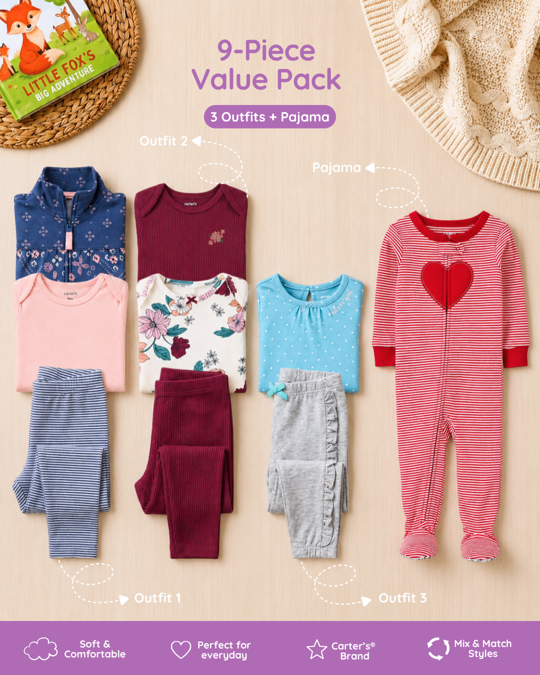 🌸 Baby Girl "Floral Heart" All-Carter’s Value Pack – 9-Piece Boutique Mega Collection